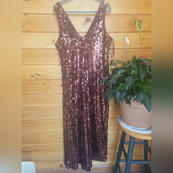 Anthropologie Maeve Shiny Shimmer Royal Copper sequin Jumpsuit Large - Picture 12 of 15